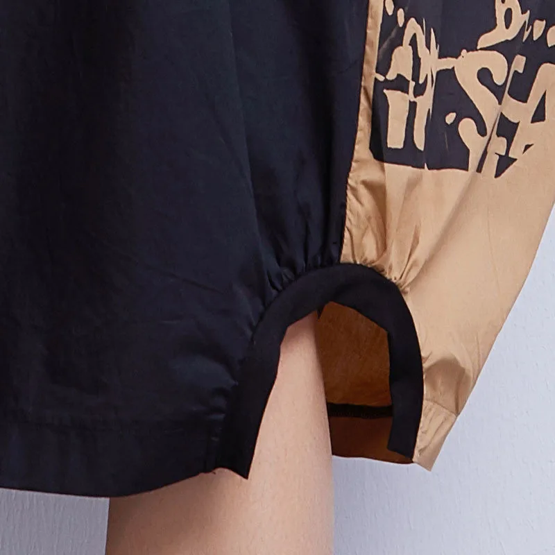 

IEQJ Women Black Big Size Letter Print Midi Fake Two Dress New Round Neck Short Sleeve Loose Fit Fashion Tide Summer 2021