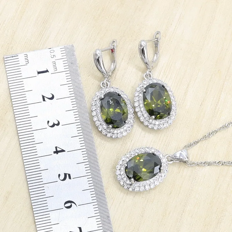 Оливковый зеленый цирконий серебряный набор украшений для женщин свадебный