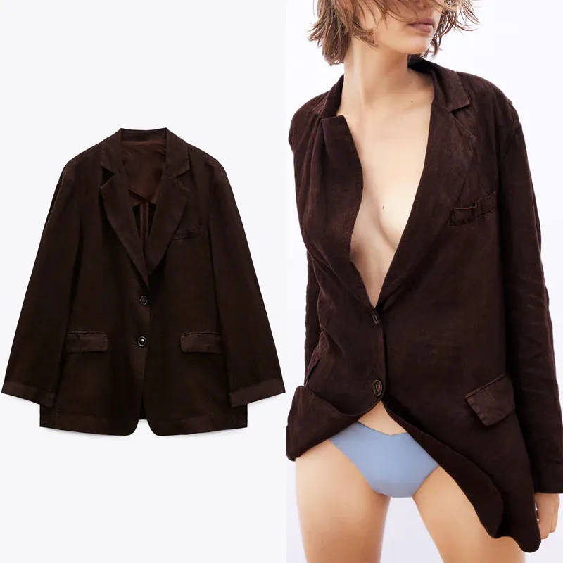

Za 2021 Vintage Buttoned Oversized Blazer Women Long Sleeve Flap Pockets Office Lady Blazers Coat Chic Back Vent Femal Outerwear