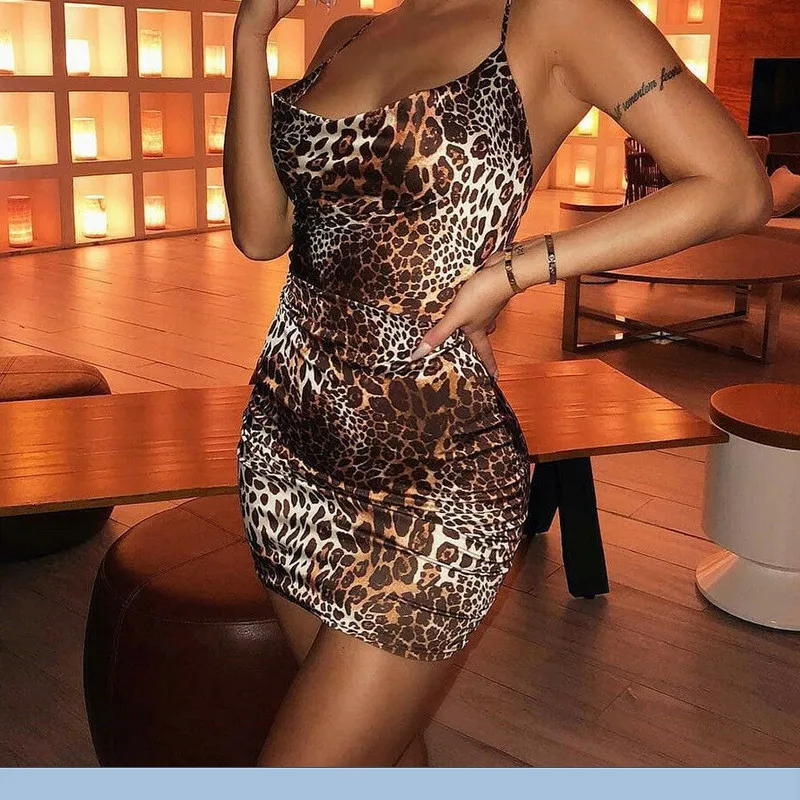 

Sexy Fashion Women Sleeveless Bandage Backless Sleeveless Leopard Printed Dress Bodycon Evening Party Short Mini Dress