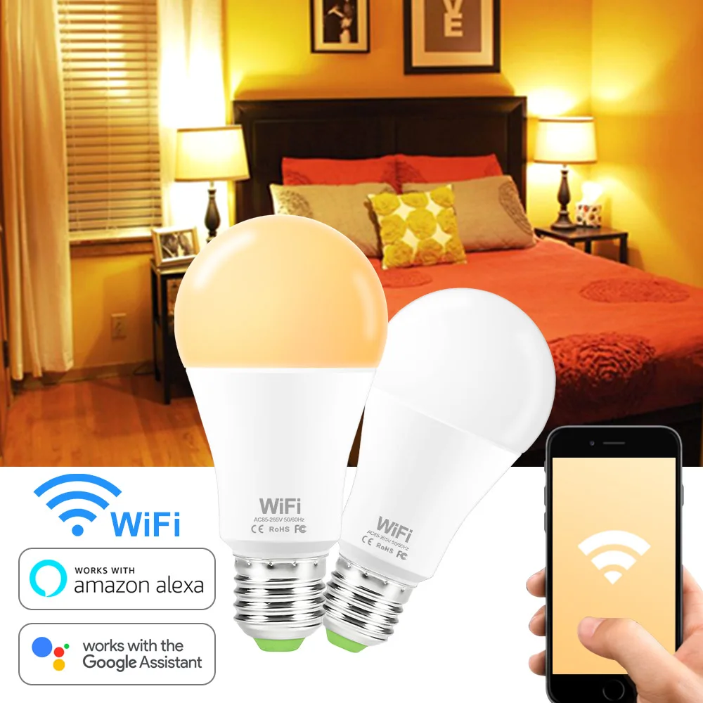 

Smart Bulb WIFI 15W 220V E27 LED Dimmable Brightness Light Bulb Work with Amazon Alexa Google Home IOS/Android B22 110V LED Lamp