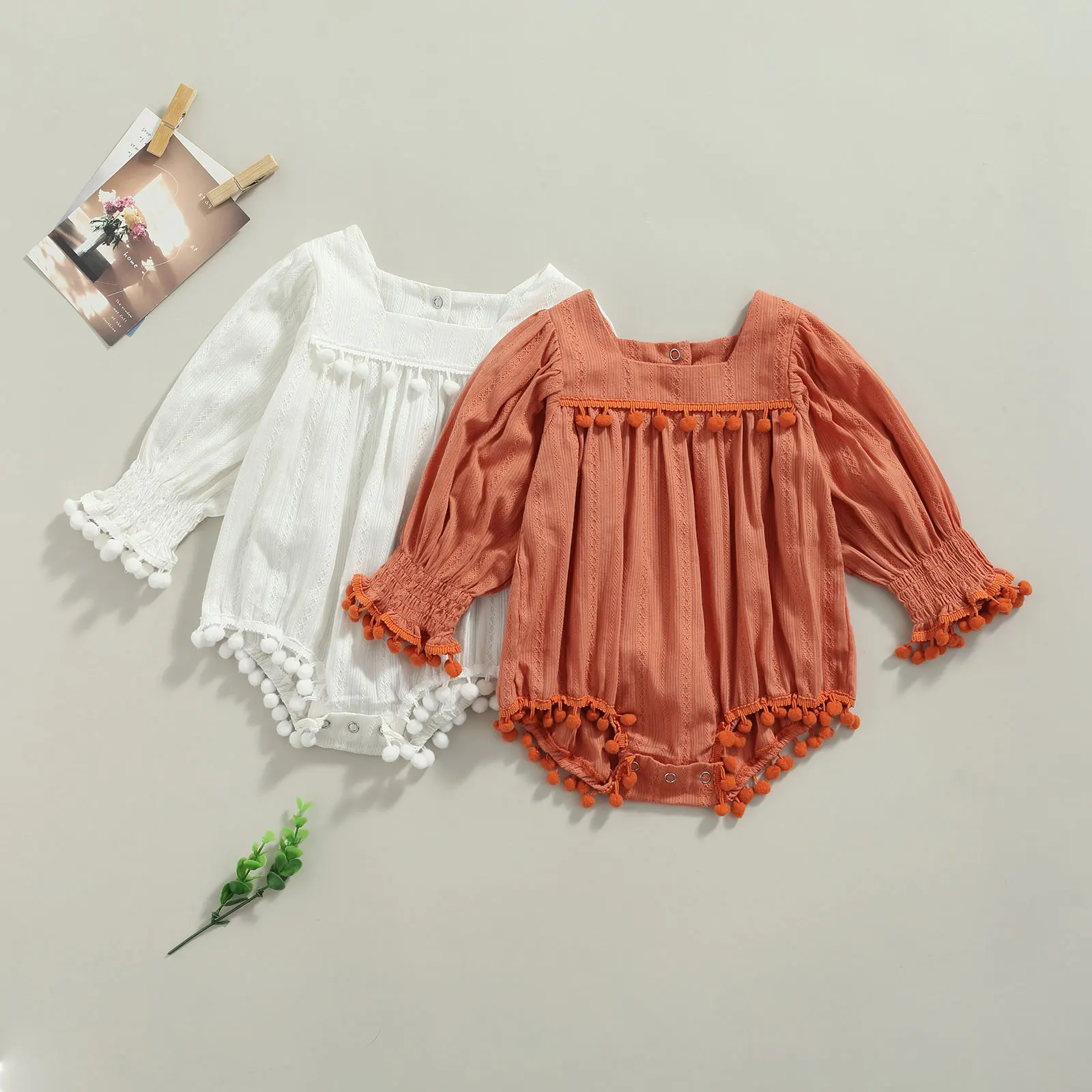 

Baby Boy Girl Clothes Autumn Rompers Solid Color Long-Sleeves Jumpsuit Cotton Lace Ball Decor Toddlers Girls Boys 0-24 Months