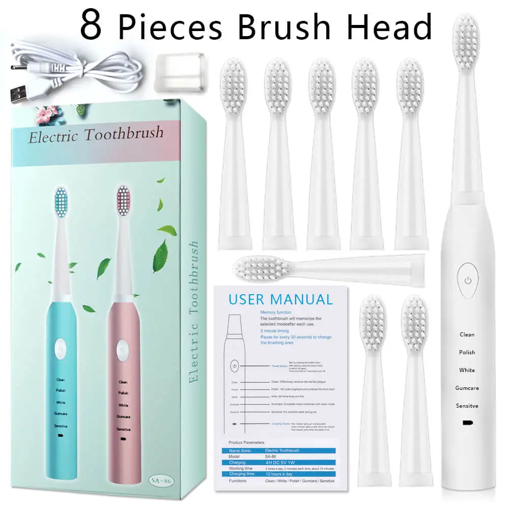 White with 8 heads Умная Ультразвуковая электрическая зубная щетка, перезаряжаемая зубная щетка, Зубное вычисление, домашнее портативное средство для удаления пятен, зубные щетки - Цвет: White with 8 heads
