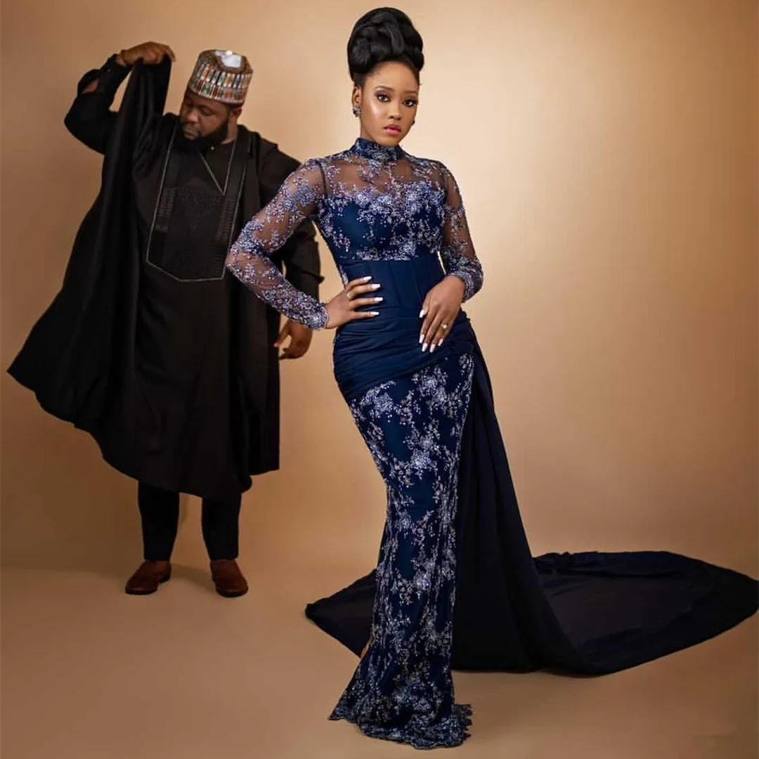 

Navy Blue Elegant Lace Aso Ebi Prom Dresses Long Sleeves Mermaid Evening Gowns Custom Made Beading Sheer Sexy Gown For Party