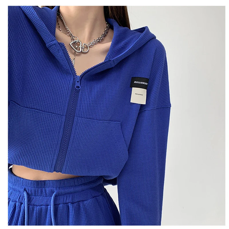 

Осенние свободные толстовки с капюшоном и молнией, женский спортивный кардиган 2021, куртка, однотонные топы с маркировкой, модные синие паль...