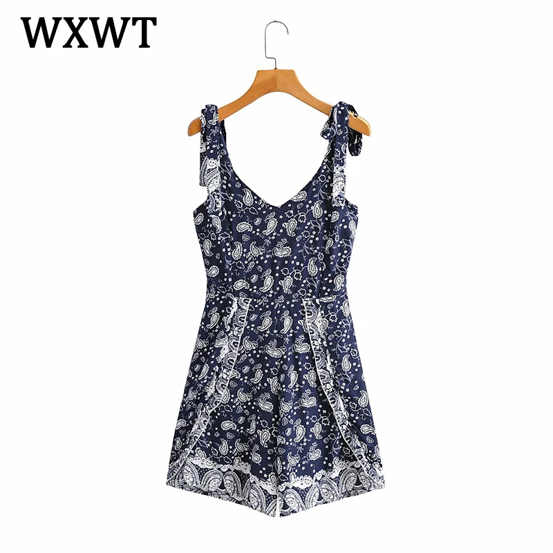 

WXWT Summer Vintage Print Women Short Playsuits Sexy V Neck Beach Jumpsuit Sleeveless Backless Lady Chic Romper z1345