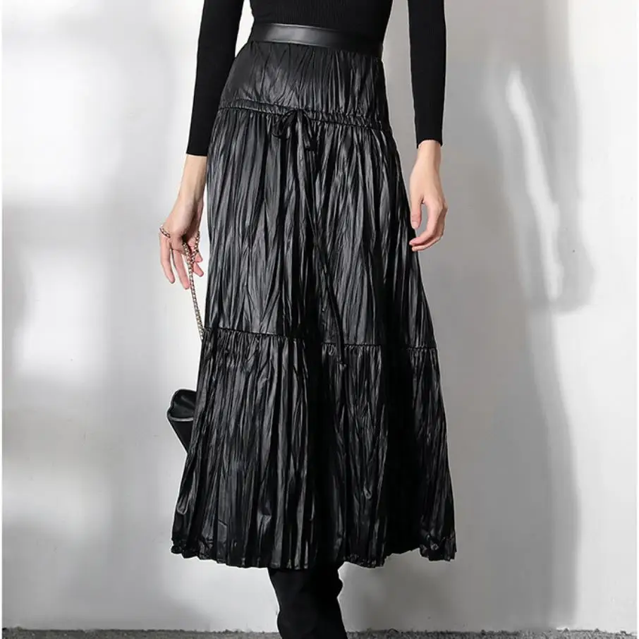 

Женская плиссированная юбка, осенне-зимняя длинная юбка из искусственной кожи, с высокой талией