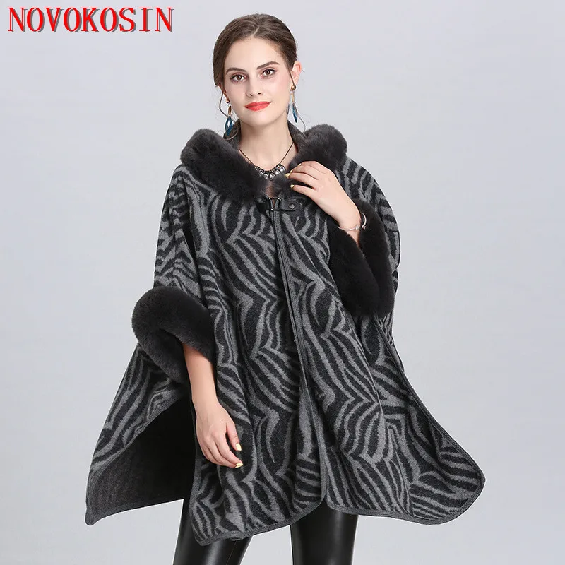 Женский свободный кардиган SC333 вязаная длинная шапка из искусственного лисьего