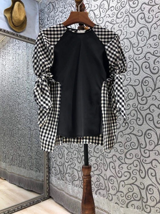 

2021 new women fashion round neck color matching stitching wrinkled knotted check all-match top 512