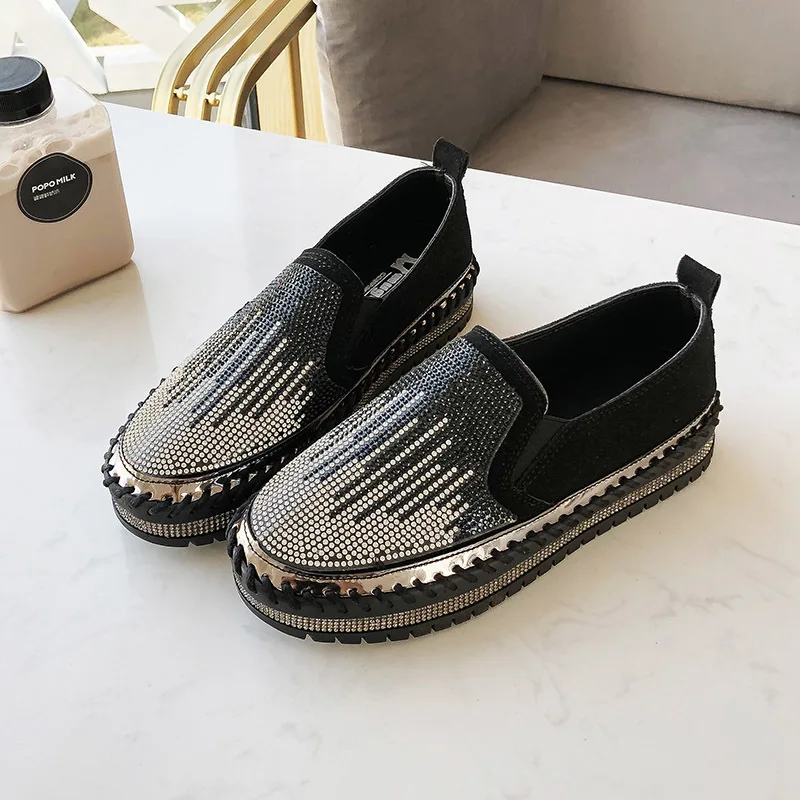 

Ladies Platform Slip on Shoes Women Casual Leather Flats Woman 2020 Spring New Fashion Rhinestone Flat with Shoes N1-81