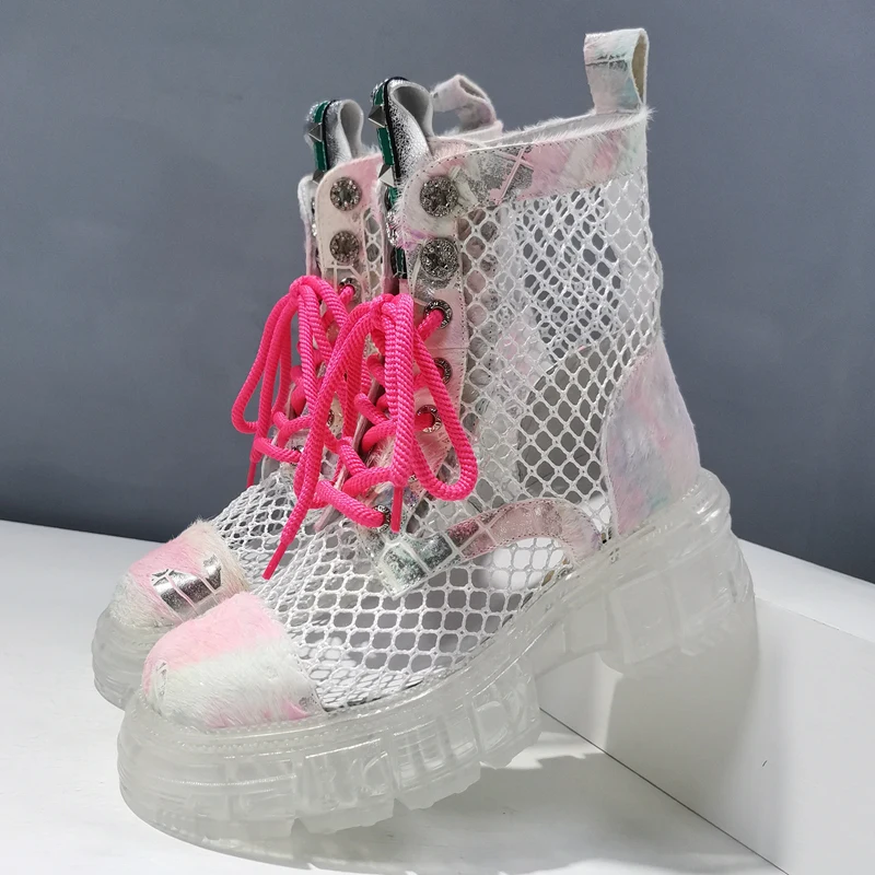 

Genuine Leather Women's Mid Calf Boots Breathable Mesh Transparent Lace-Up Flat Platform Women Shoes Hollow Out Chaussure Femme