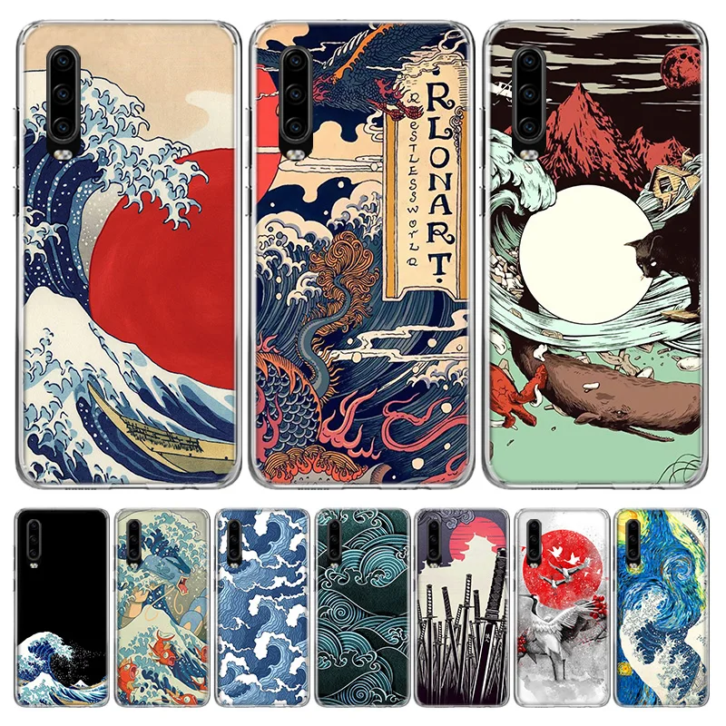 hot wave art japanese green illust phone case for huawei p30 p20 p40 p50 mate 40 30 20 10 pro p10 lite customized gift coque free global shipping