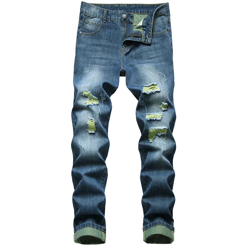 

2021 New Men's Ripped Jeans Casual Fashion Men's Motorcycle Jeans Trousers Breeches Men's Men's Hip-hop Denim Straight-leg Pants