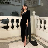 verngo 2022 simple black velvet evening dresses one shoulder long cape sleeve slit women prom dress party wear formal gown