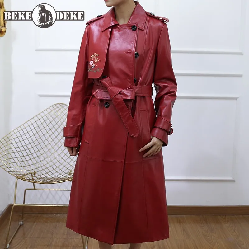 Женский Тренч с цветочной вышивкой длинная офисная куртка из натуральной кожи