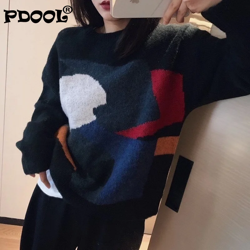 2021 Autumn Winter New Personalized Design Color Matching Geometric Round Neck Pullover Knitted Sweater Women Pullover