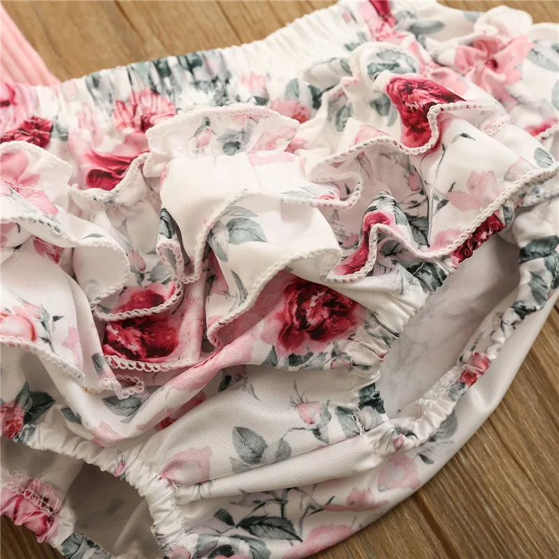 

Newborn Baby Girls Summer Clothing 3 Pcs Outfits Baby Girls Sleeveless Ribbed Tops Romper+Flower Print Ruffles Shorts+Headband