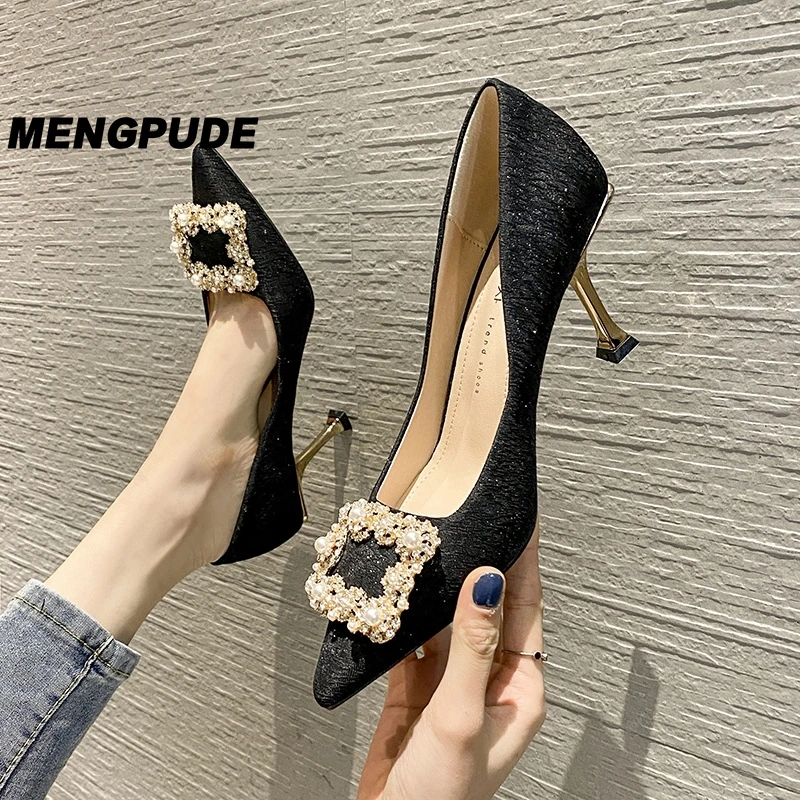 

MPD High-heeled Shoes Women's New Pointed Shallow Mouth Women's Shoes with Rhinestone Square Buckle Temperament Stiletto Shoes