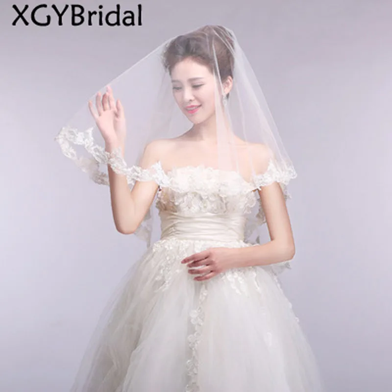 

One-Layer New Arrival Bride Veils White Wedding Accessories Cover Face 2021 Korean Mesh With Rib Lace Appliqued