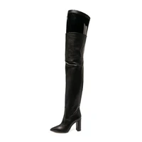 chunky high heel pointy thigh high boots sexy black over the knee botas mujer stylish brand leather shoe black patchwork boots