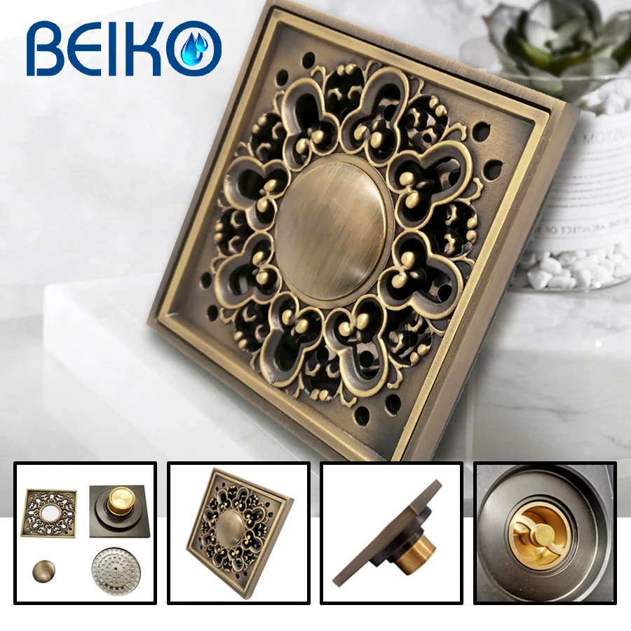 high quality brass vintage square shower luxury floor drain strainer cover balcony bathroom bath accessories 1010 floor drain free global shipping
