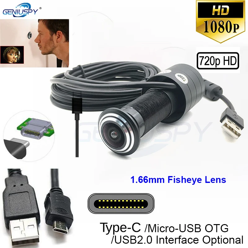 Geniuspy 1.66MM Fisheye Lens Door Hd Camera Eye Viewer Peephole 1080P 2MP 720P OTG Type-C Free Driver Wide Angle Usb Web Cam