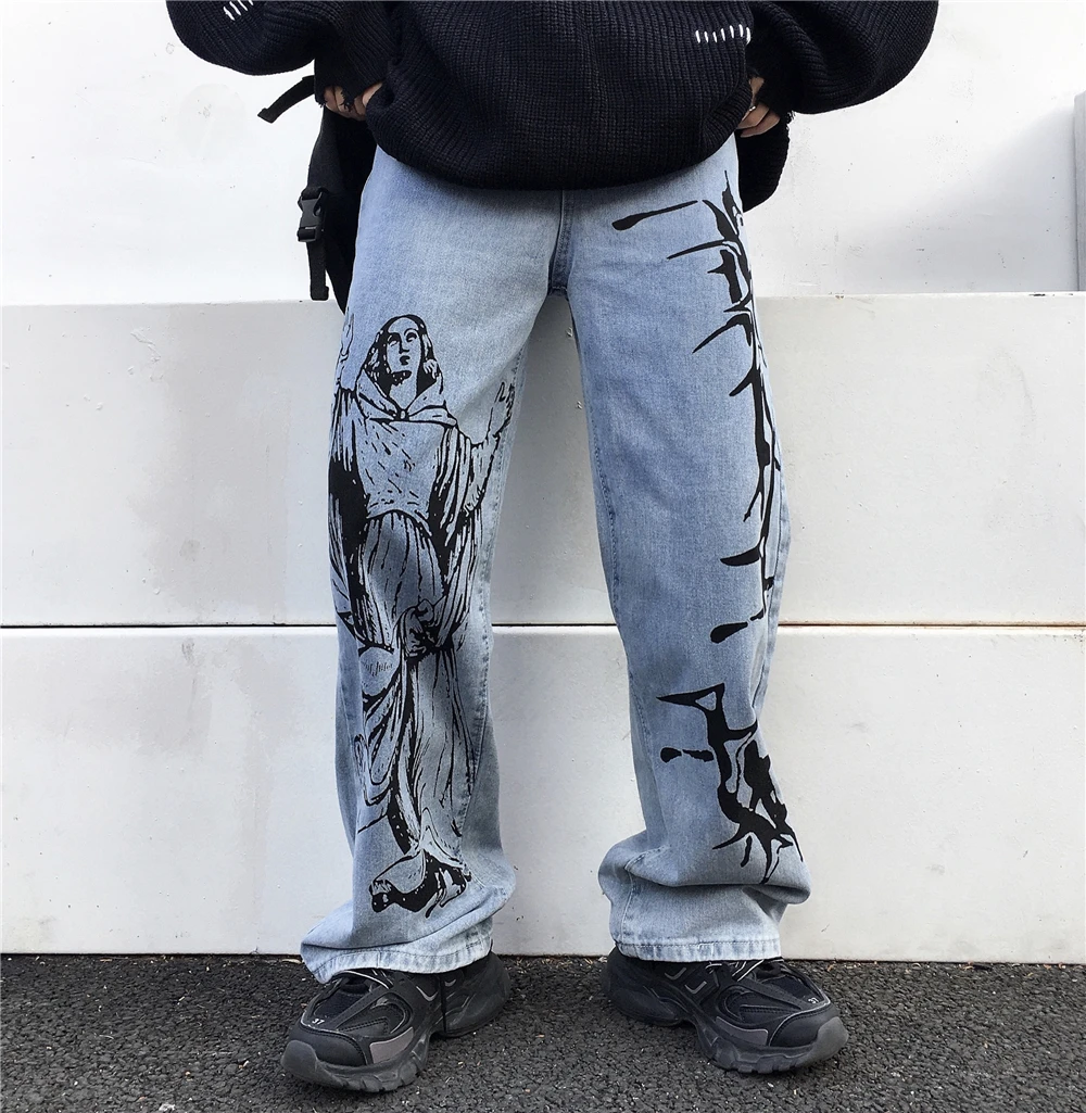 

2021 New Autumn and Winter Pants Female ins Dark Graffiti Drape Straight Wide Leg Pants Loose and Thin High Waist Jeans Trend