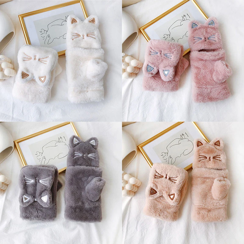 

Fur Mittens Plush Fingerless Gloves Driving Glove Soft Warm Thick Gloves for Women Girl Flip Half Finger Gloves Cute Cat Gloves