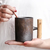 vintage ceramic coffee mug tumbler rust glaze tea milk beer mug with wood handle water cup home office drinkware