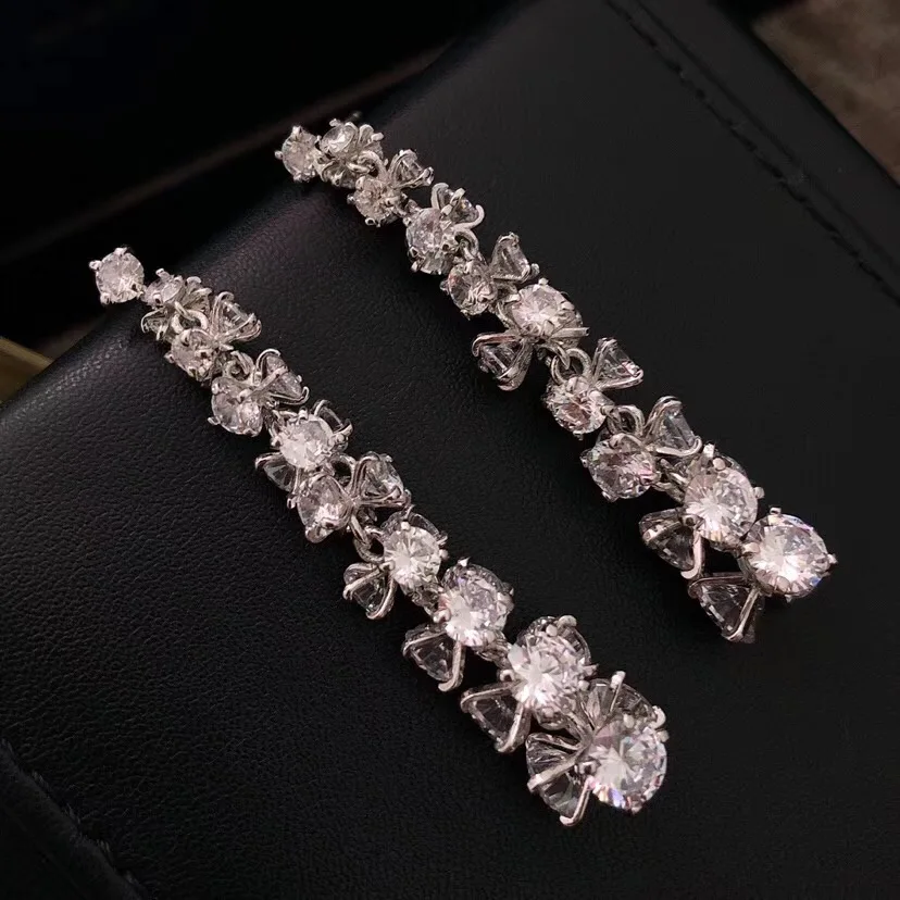 Модные длинные висячие серьги с бантом из циркония ААА цветком S925 для женщин