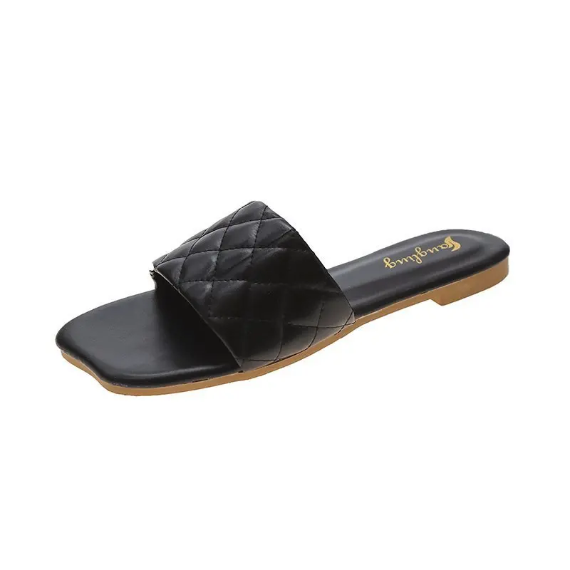 

Flat Shoes Female Square Toe Ladies' Slippers Luxury Slides Slipers Women Designer Girl 2021 Sewing PU Fashion Rubber Basic