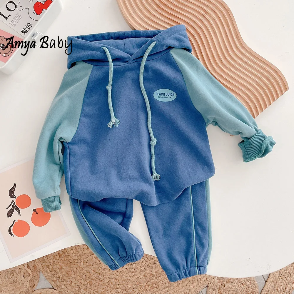 

Amya Baby Little Boys Clothing Outfits Cotton Hooded Patchwork Tops + Pants Two Piece Casual Back To School Toddler Suit
