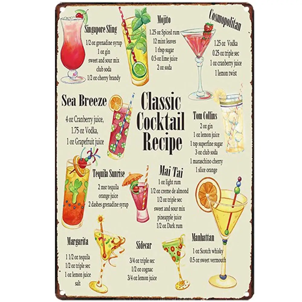 

Original Vintage Design Classic Cocktail Recipe Tin Metal Sign Wall Art, Thick Tinplate Print Poster Wall Decoration for