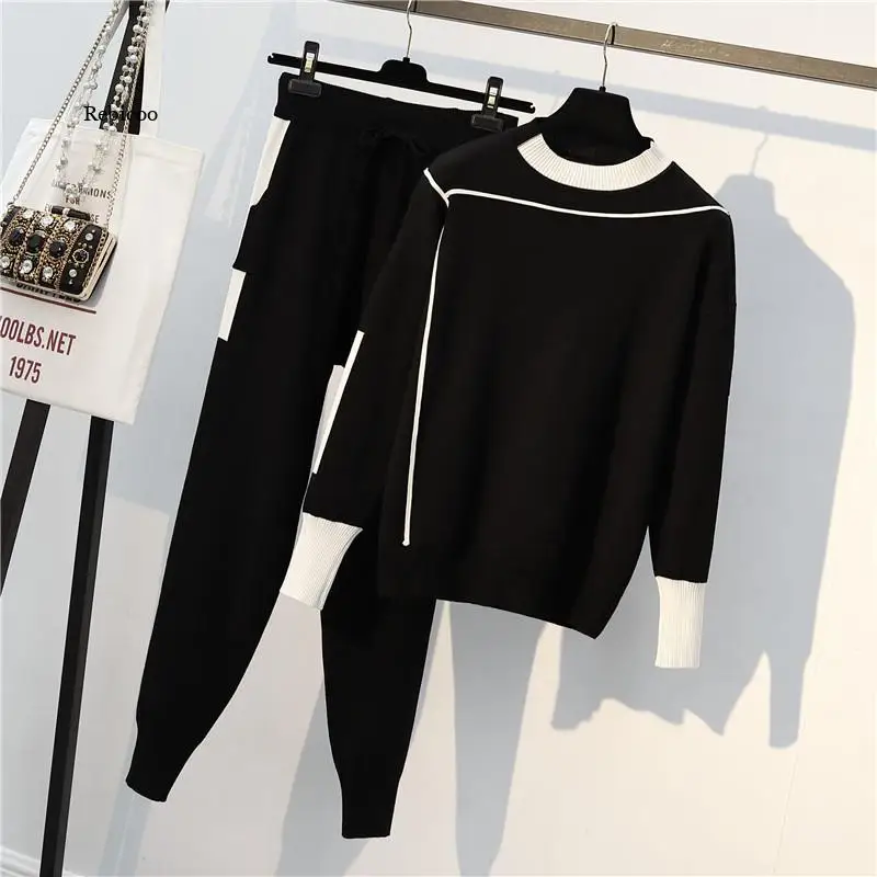 

2 Pieces Set for Women Knitted Pullovers Sweater Casual Stripe Knit Jumper Tops and Pants Suits Long Sleeve Tracksuits Autumn