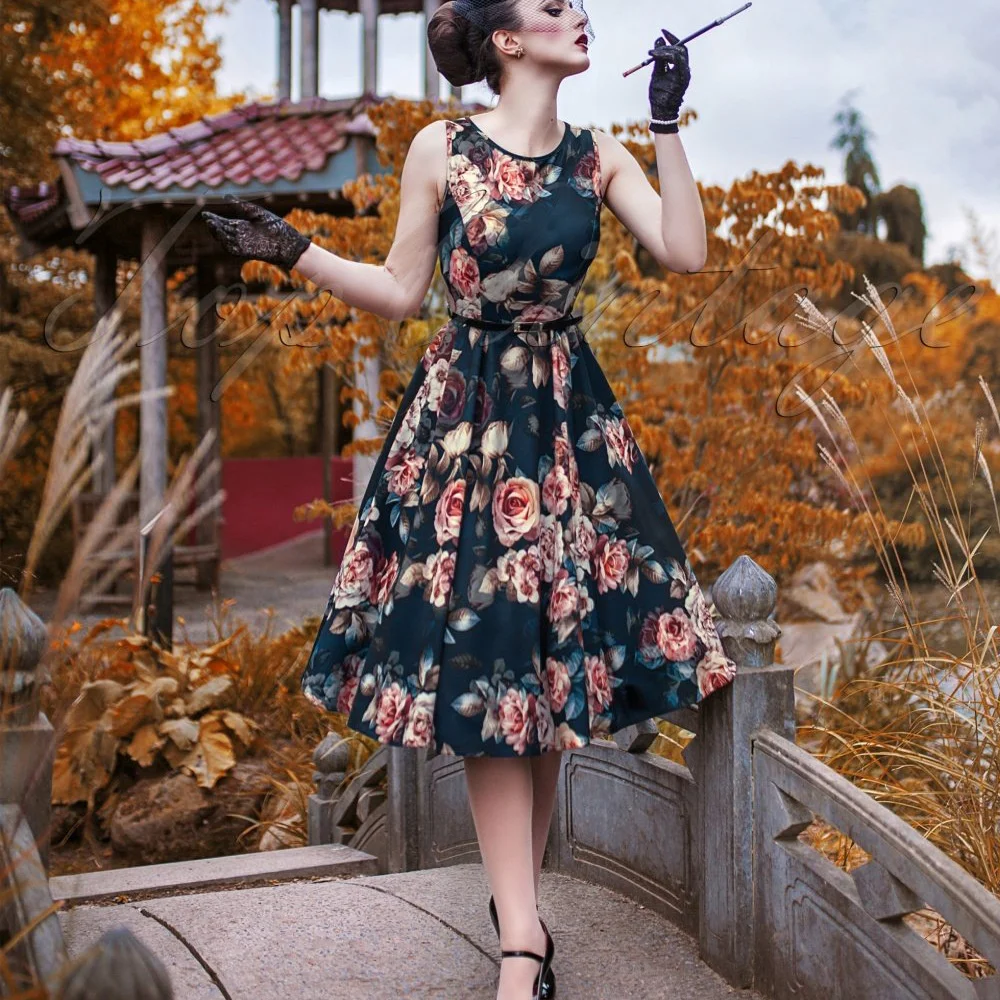 

2020 round neck sleeveless printed 50sa word large swing casual dress