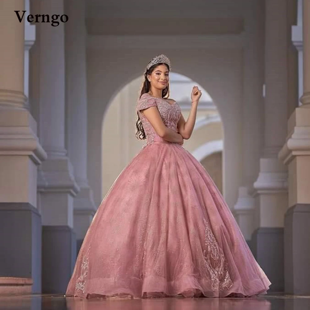 

Verngo Princess Dusty Pink Quinceanera Dresses Off the Shoulder Lace Applique Tulle Prom Dress Ball Gown 16 Sweet Party Dress