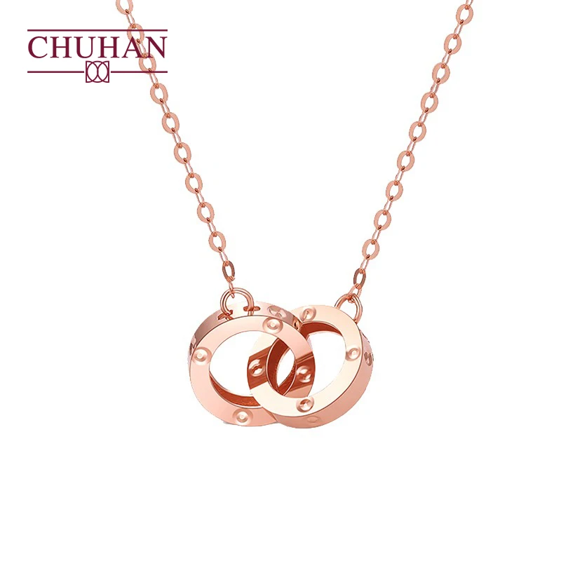 

CHUHAN Classic Round Double Ring 18k Rose Gold Necklace Female Simple Pendant Clavicle Chain Real Au750 Jewelry Gifts For Women
