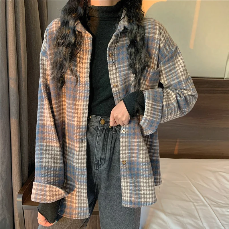 

CMAZ 2021 Autumn Winter Thick Coats for Women Plaid Wool Coat Women's Autumn and Winter 2021 New Korean Retro Loose Thickening K