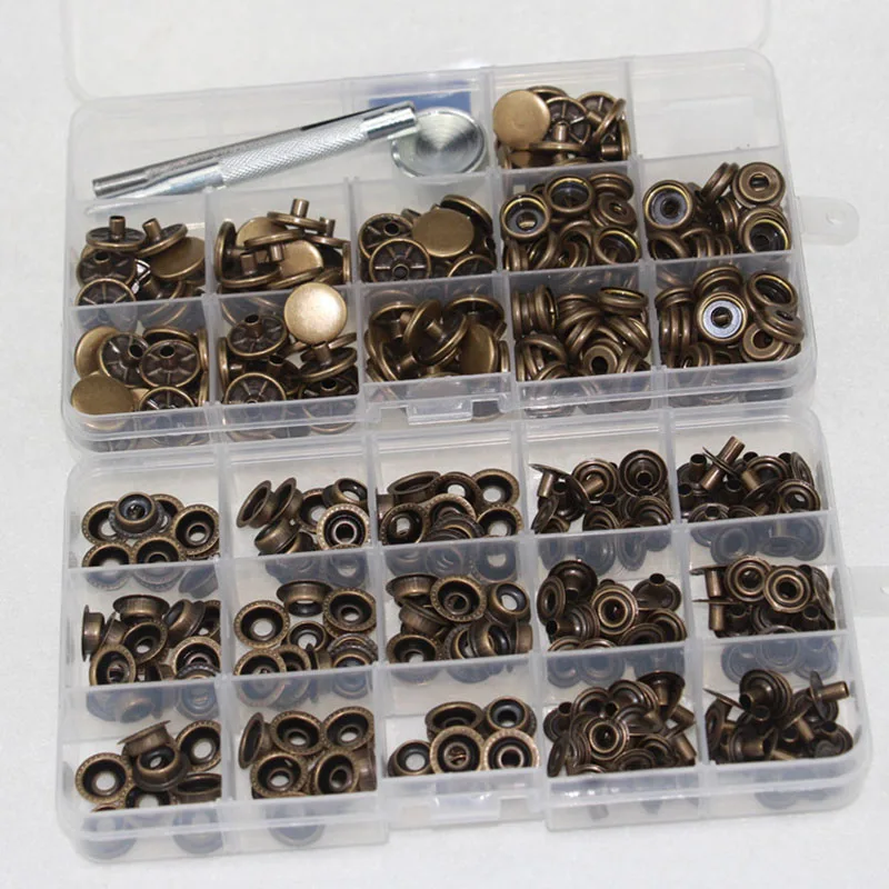 15MM metal leather stud snap buttons for jeans 100 sets of boxed gun color button four to one buttons+ repair tools set sewn | Дом и сад