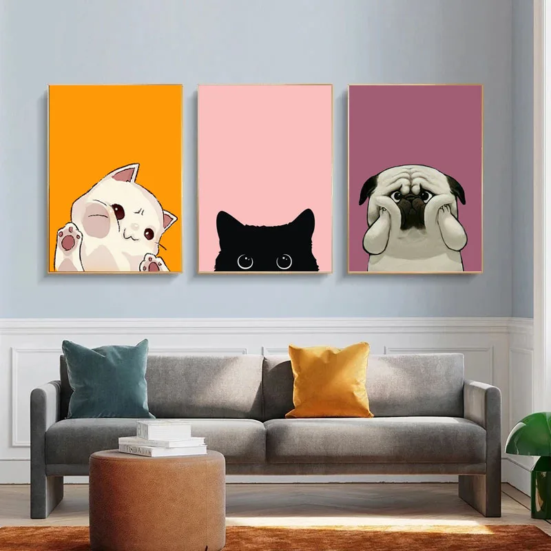 

Настенная картина на холсте с мультяшными милыми животными, собаками, толстыми кошками, картины и плакаты для милой детской комнаты, Соврем...