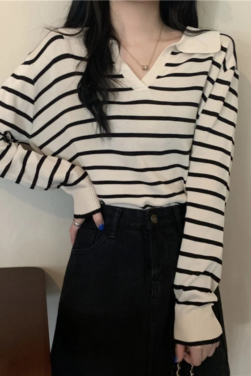Полосатая футболка с длинным рукавом свитер женский Ранняя осень 2021 Новинка