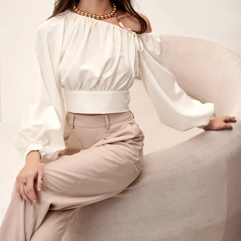 

Fashion T Shirt New Spring Autumn Women White Tees Oblique Shoulder Lace Up Lantern Long Sleeve Elastic Waist Ruched Crop Tops