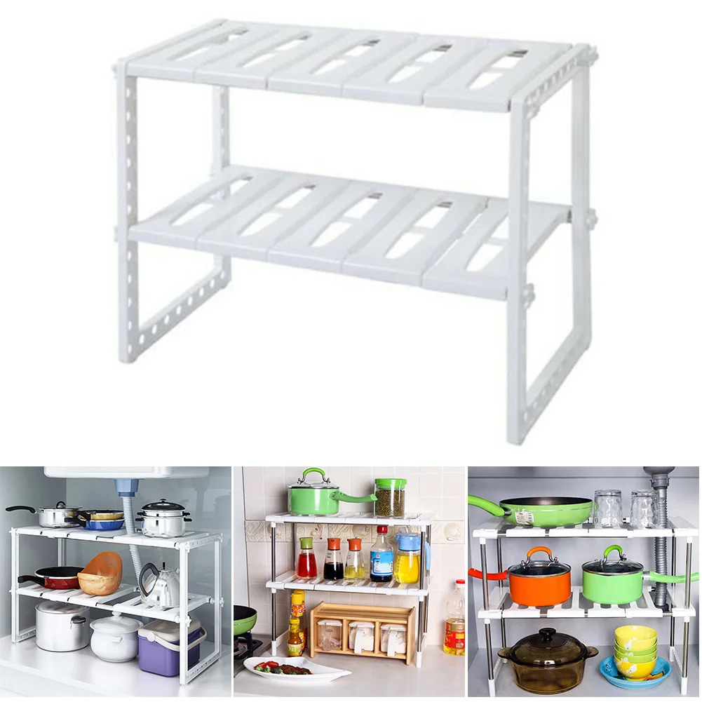 

Telescopic 2-Tier Sink Rack Multi-functional Organizer Storage Expandable Adjustable Kitchen Bathroom Shelf Holder Space saving