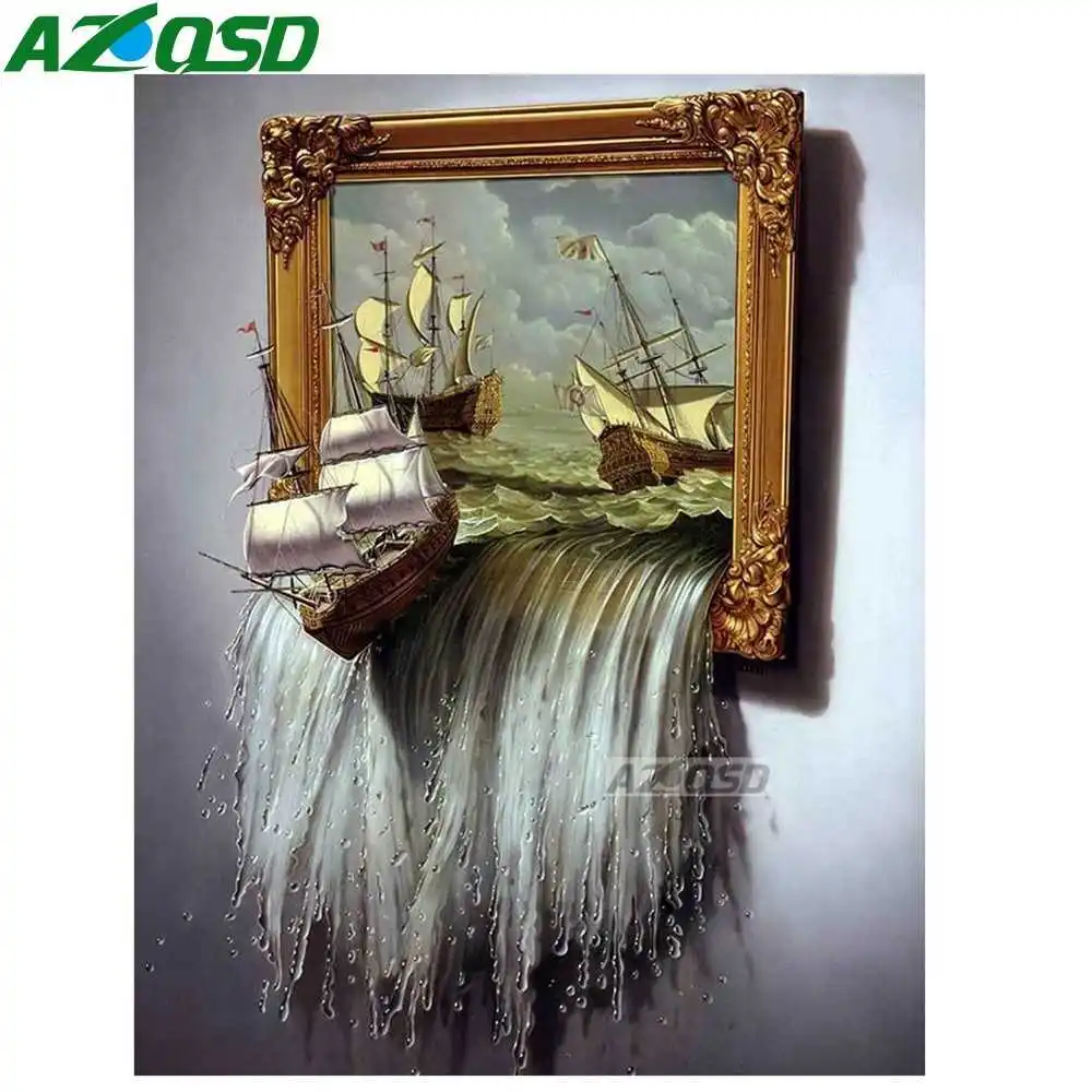 AZQSD DIY 3D алмазная живопись настенное украшение фотолодка водопад полная круглая
