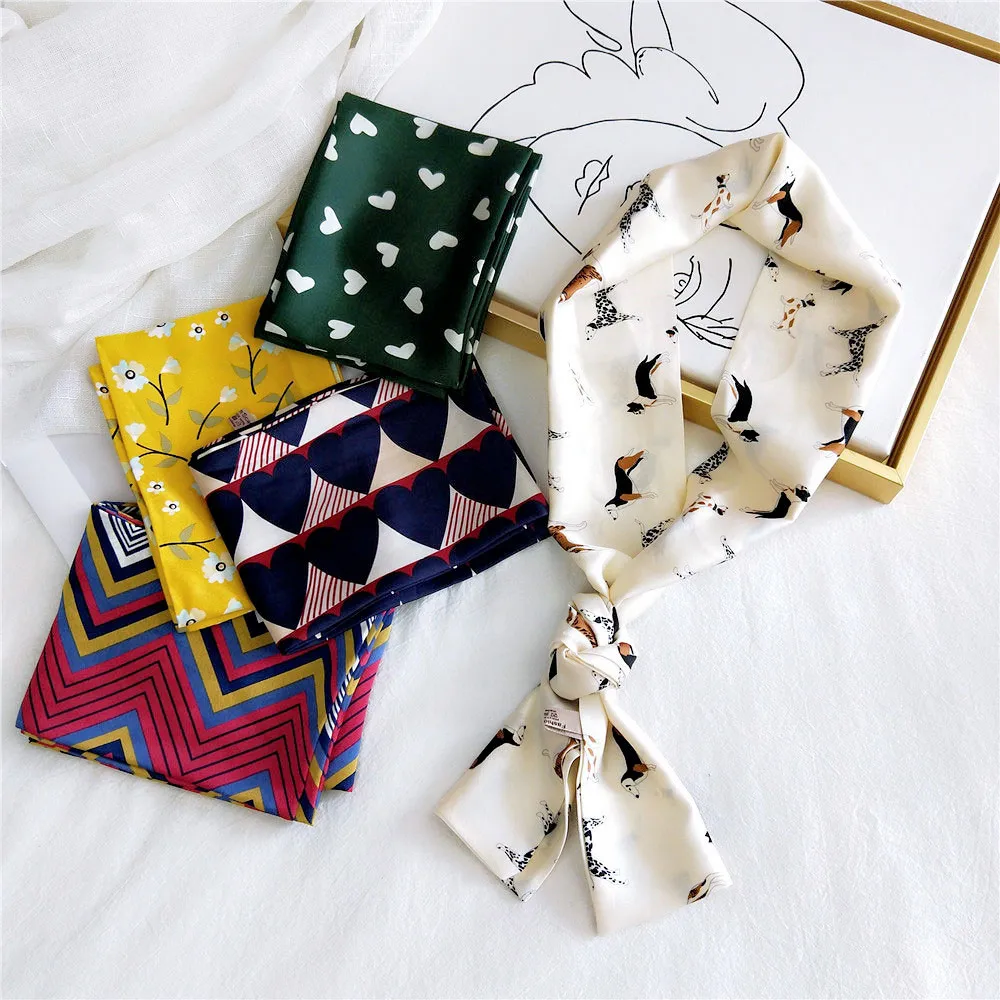 

2021 New Designer Leopard Letter Floral Print Long Skinny Neck Hair Tie Scarf Woman Purse Bag Handle Scarves for Women Headband