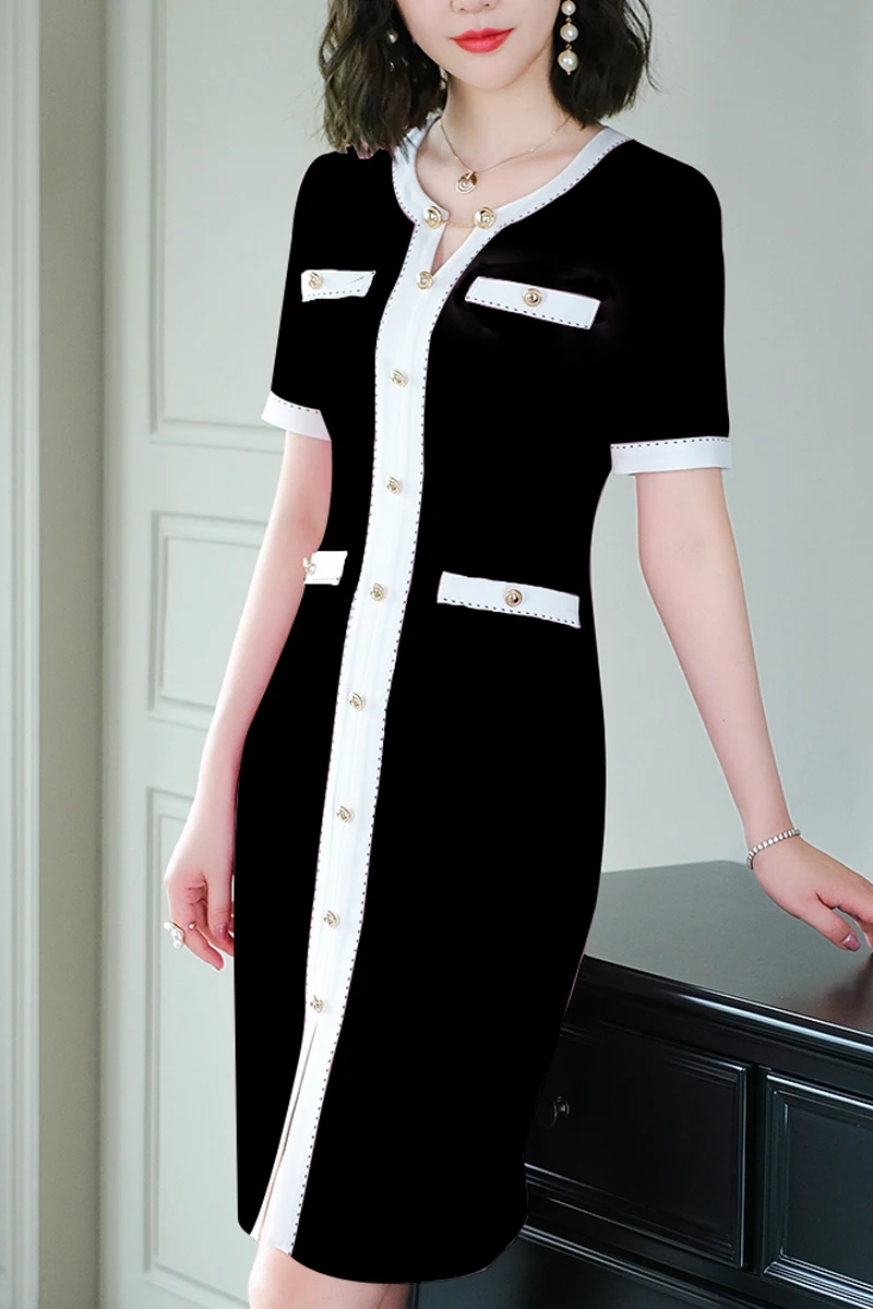 

French black and white contrast dress Hepburn style small fragrance splicing temperament high end small dress summer dress