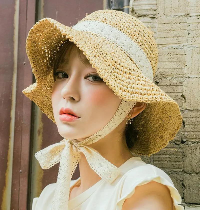 

Hat Female Summer Korean-style Bandage Cloth Lace Straw Hat Wind-Resistant Beach Sun Hat Beautiful Photo Shoot Porous Sun Hat Ar