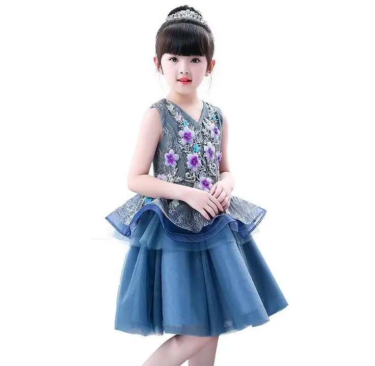 Горячая 3D вечерние платья в виде цветка для девочек 2 Слои цветочной аппликацией