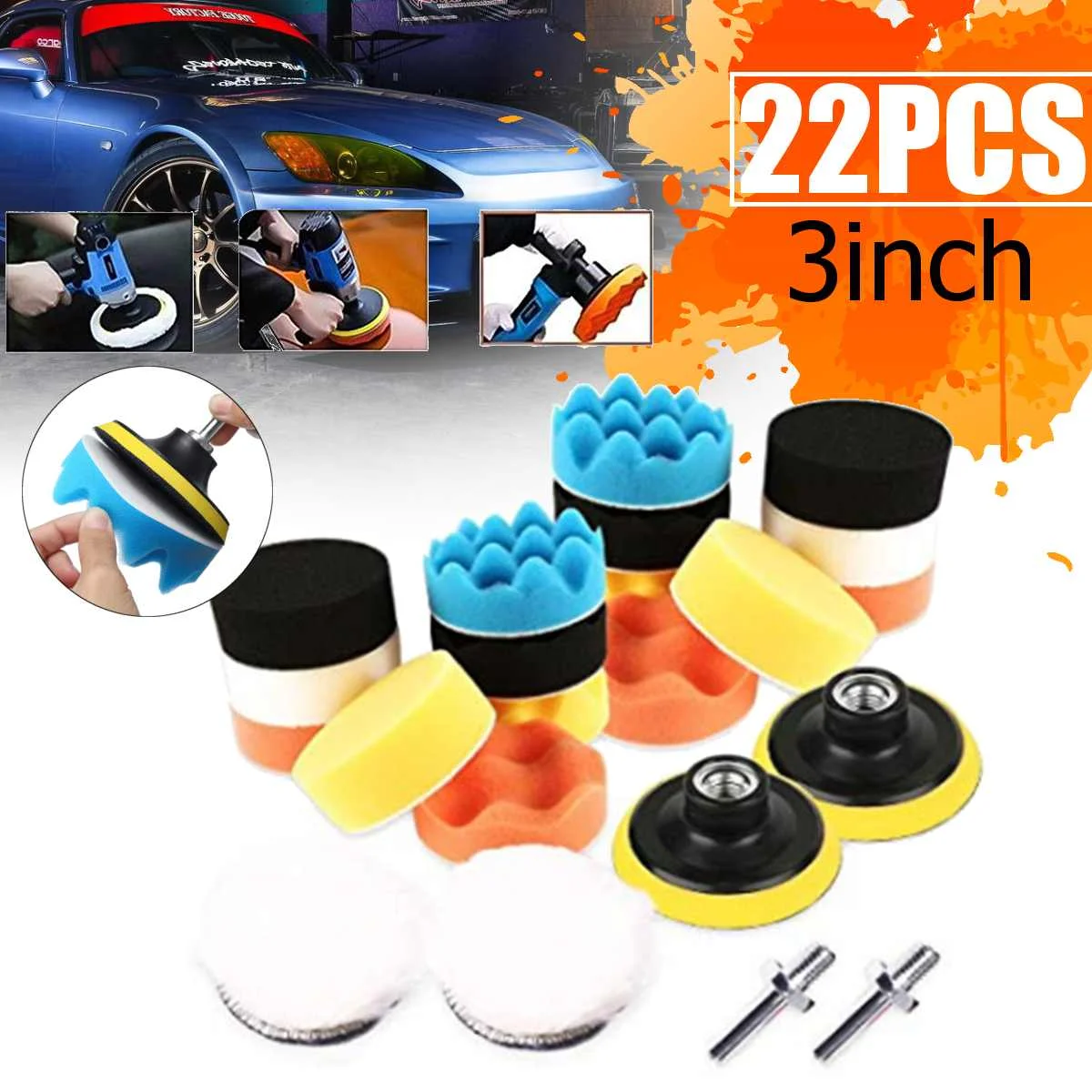 

22pcs Car-polishing-pad 3 inch wave Sponge Buffing Waxing Pad Kit for Car Polisher with M10 Drill Adapter Removes Scratches