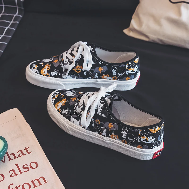 Женские парусиновые туфли с рисунком котенка белые в Корейском стиле граффити